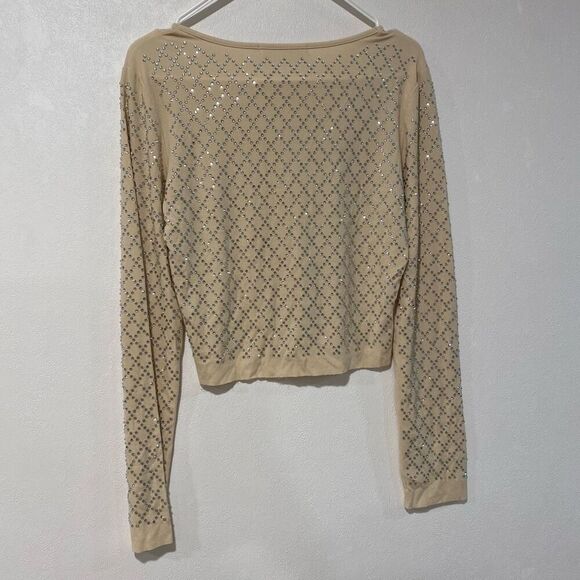 Lizette Collection Beige Rhinestone Sweater | Size L Lightweight Bling Top - Picture 2 of 5